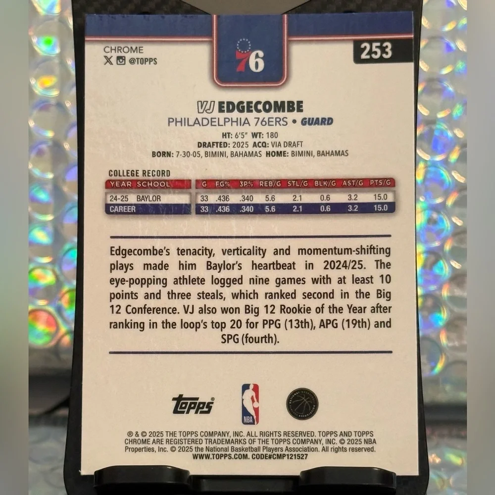 2025-26 Topps Chrome - VJ Edgecombe #253 (RC) Rookie Philadelphia 76ers - Picture 5 of 5